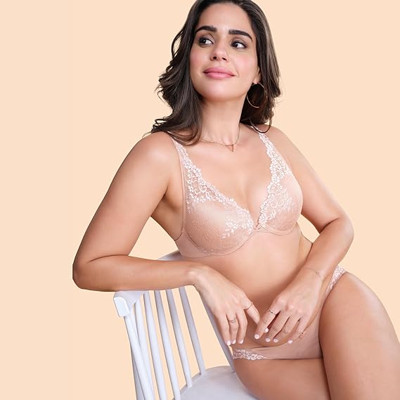 Enamor Cleavage Enhancer Extended Neckline Women's Bridal Plunge Push-Up Lace Bra – Padded, Wired, Medium Coverage F043